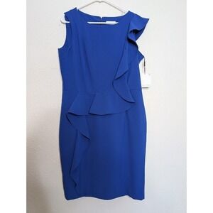 Calvin Klein Dress Blue Sheath Scoop Neck Short Ruffle Sleeve Size 14 NWT Career